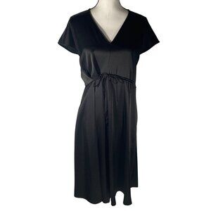 Diane Von Furstenberg Black Satin Short Sleeve Tie-Waist V-Neck Midi Dress XS